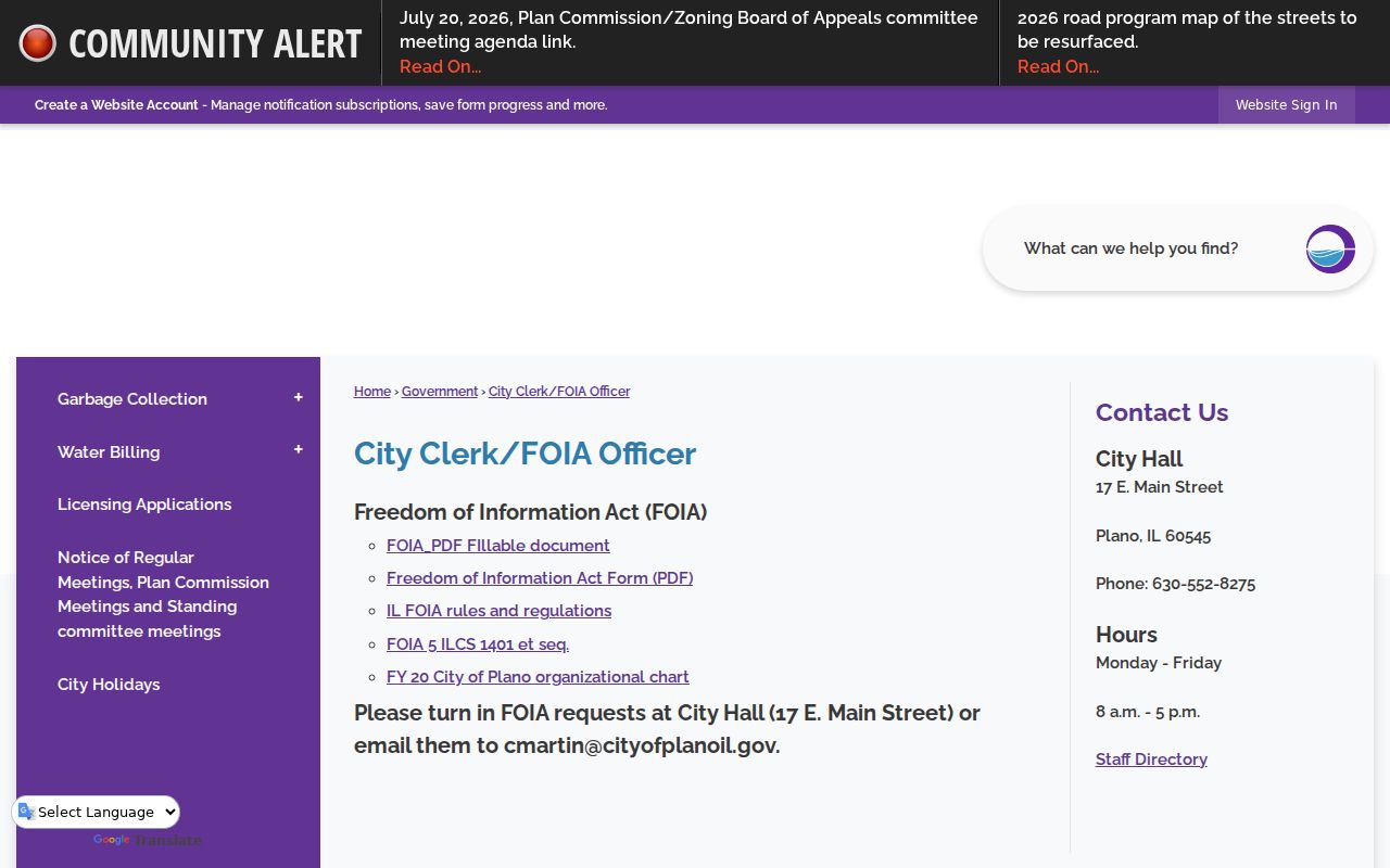 Plano City Clerk and FOIA Officer information page