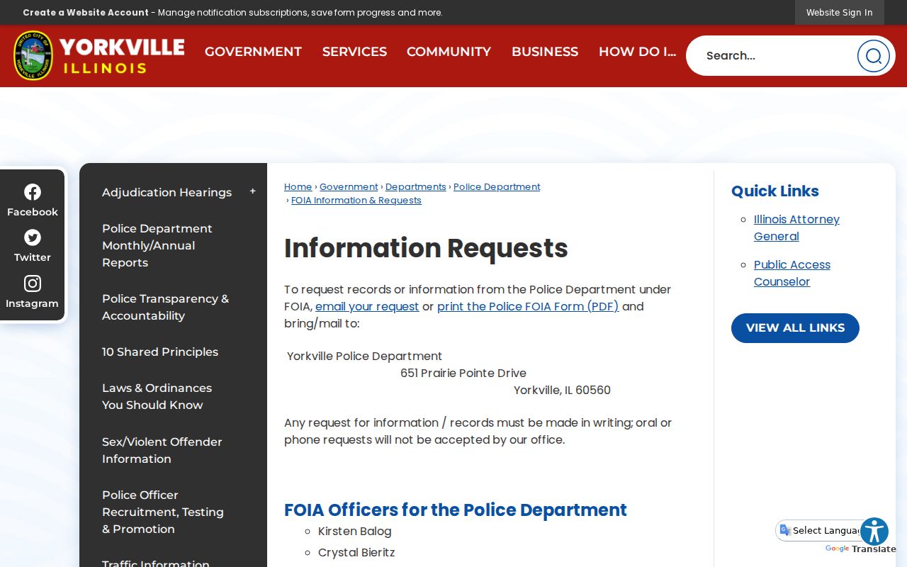 Yorkville police records request information page